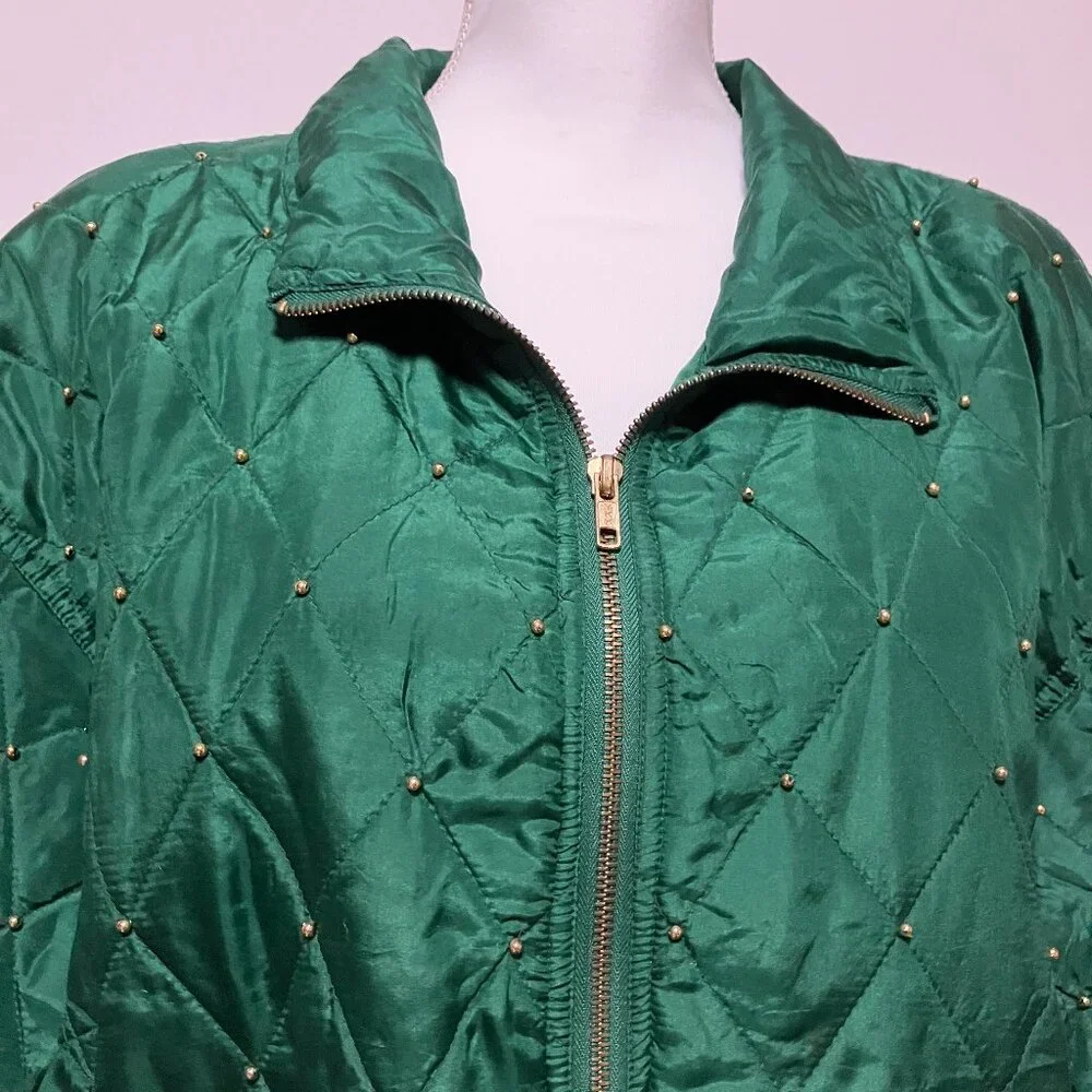 Vintage Selene Paris Green Studded Silk Bomber Jacket, Size Large, Shoulder Pads - Picture 6 of 9